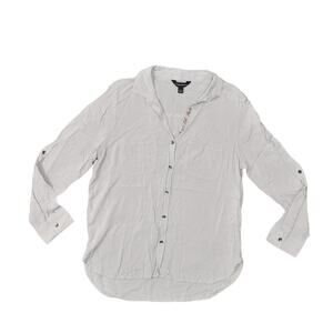 Rock & Republic Gray Button-Up Medium Cotton Top Solic Collared Long Sleeve